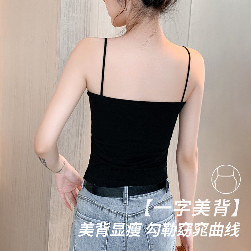 新品黑色小吊带背心女内搭夏外穿文胸一体带胸垫打V底纯棉一字美