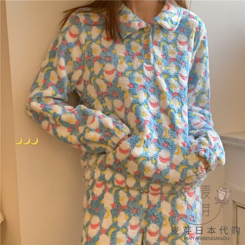 新品日本卡通月亮珊瑚绒r睡衣女秋冬加厚加绒法兰绒家居服两件式