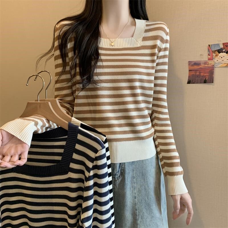 新品大码女方领条纹正肩r长袖针织T恤秋冬胖mm遮肚子内搭打底显瘦