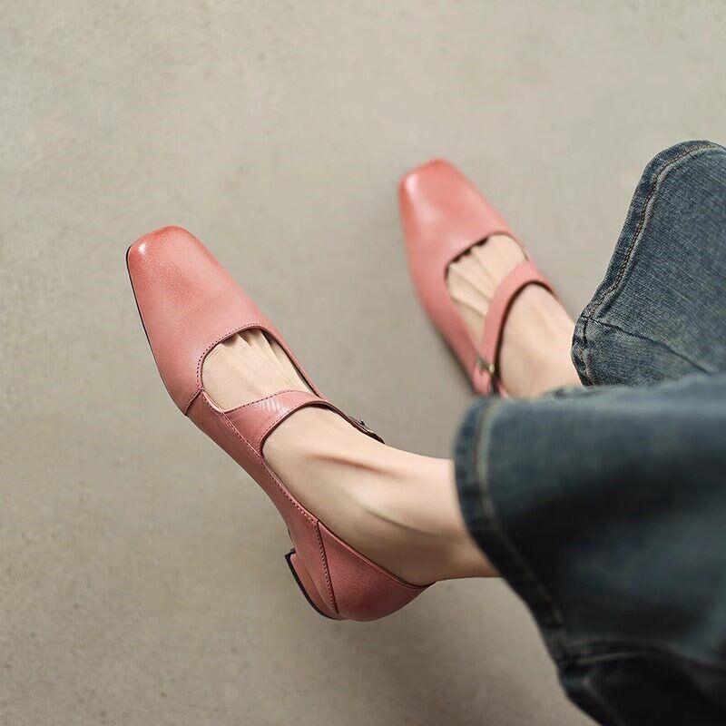 新品气质配旗袍方头低跟浅口单鞋女2026春秋新R款玛丽珍显瘦粗跟