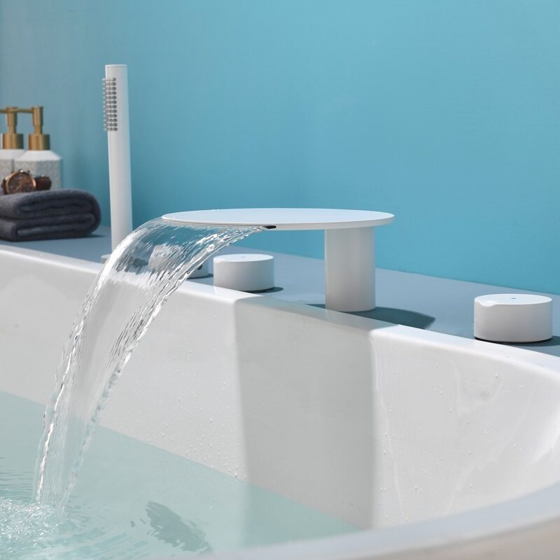 霖代卫浴浴缸龙头缸边式五件套分体浴盆花洒水池瀑布式水龙头白色