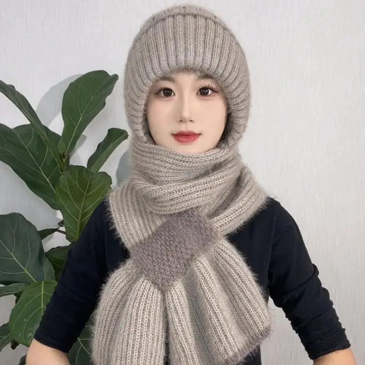 秋冬加绒护耳围巾一体女士雪帽