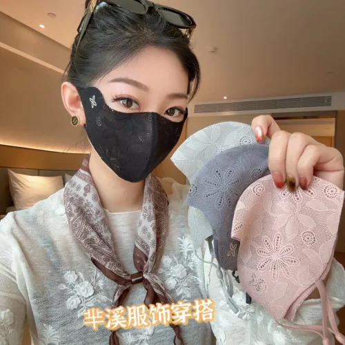 夏季蕾丝轻薄透气防晒面罩女士
