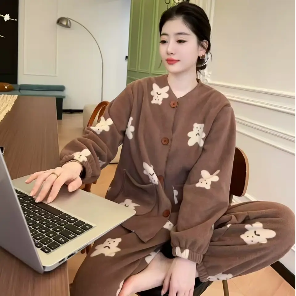 冬季加厚颗粒绒女士睡衣套装
