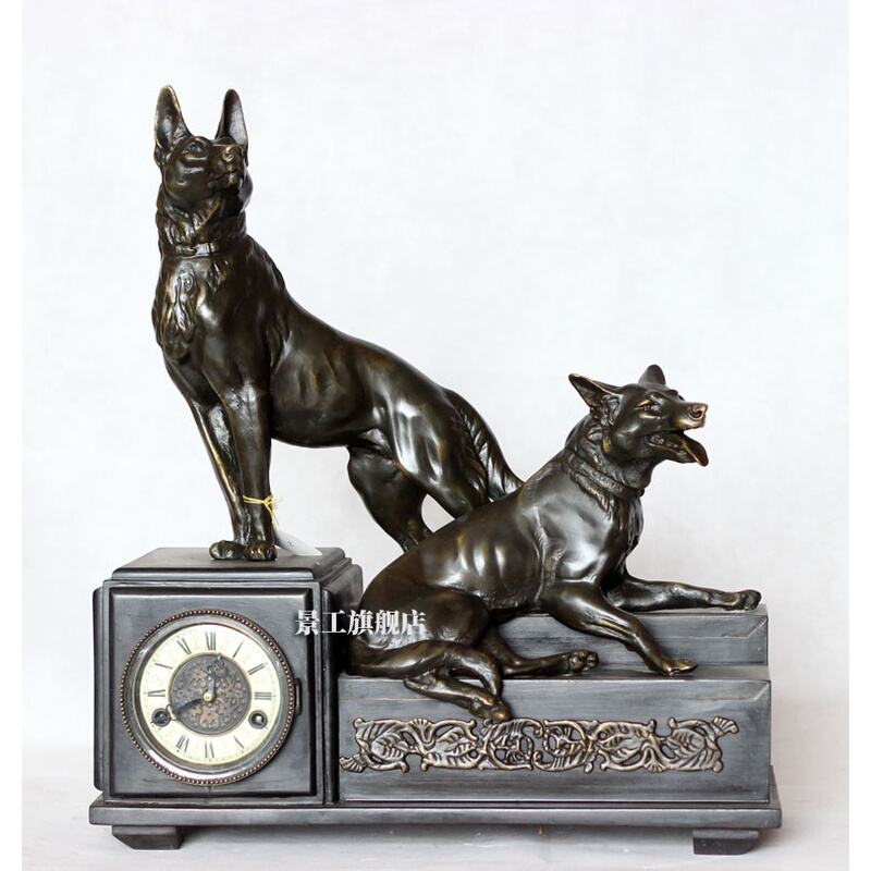 钟表仿古古典欧式机械座钟铜铸钟双狗