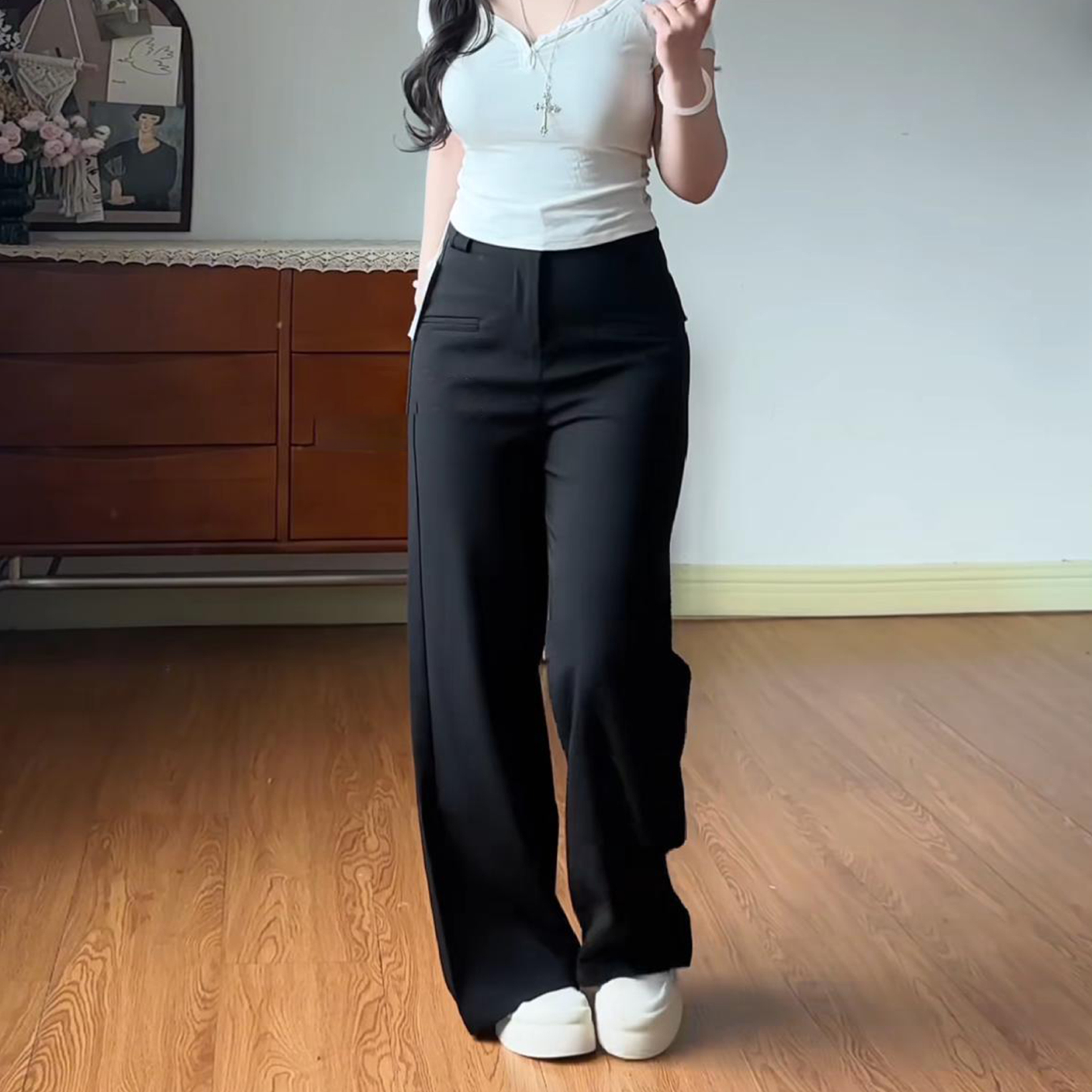 大尺码黑色高腰阔腿西装