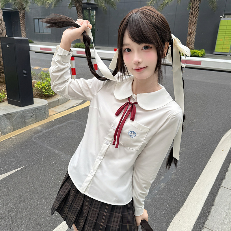 舞鸥竹纤维娃娃领长袖JK衬衫原创水母刺绣可爱风制服白色薄款上衣