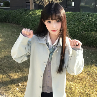 原创正版浅薄荷绿JK中长款风衣大衣女春秋日系学院风新款外套上衣