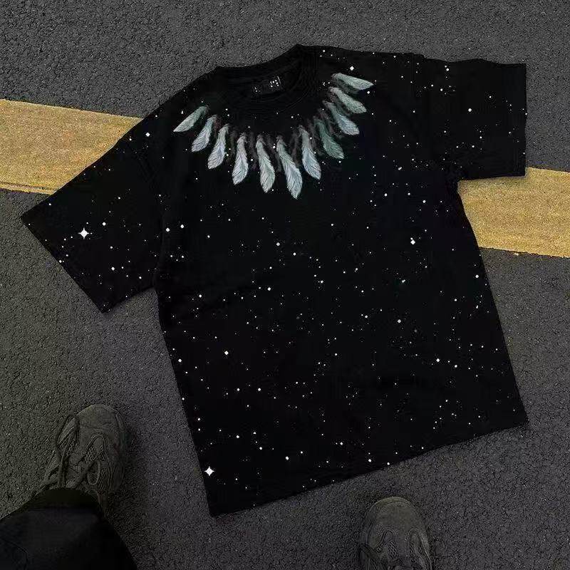 美式满天星重磅复古纯棉短袖T恤男轻奢仿刺绣印花高街夏季潮牌ins