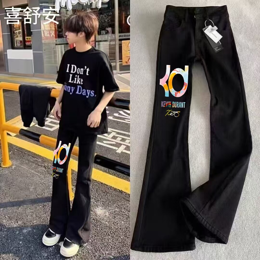 美式十字架印花男微喇牛仔裤