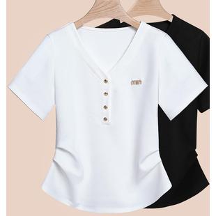 2025夏季 新款 正肩设计感收腰v领纯棉短袖 女t恤高端气质百搭体恤衫