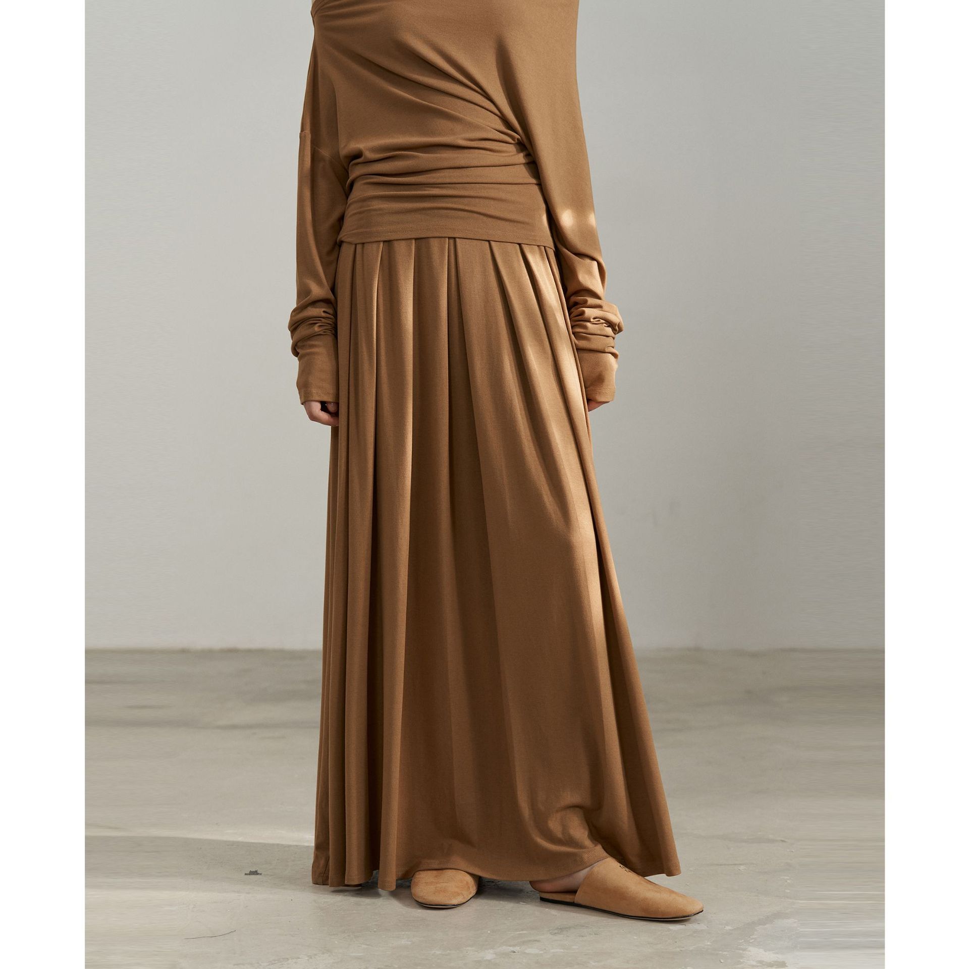 Textile Song甜颂御姐风灰色质感针织压褶半身裙通勤气质垂感长裙