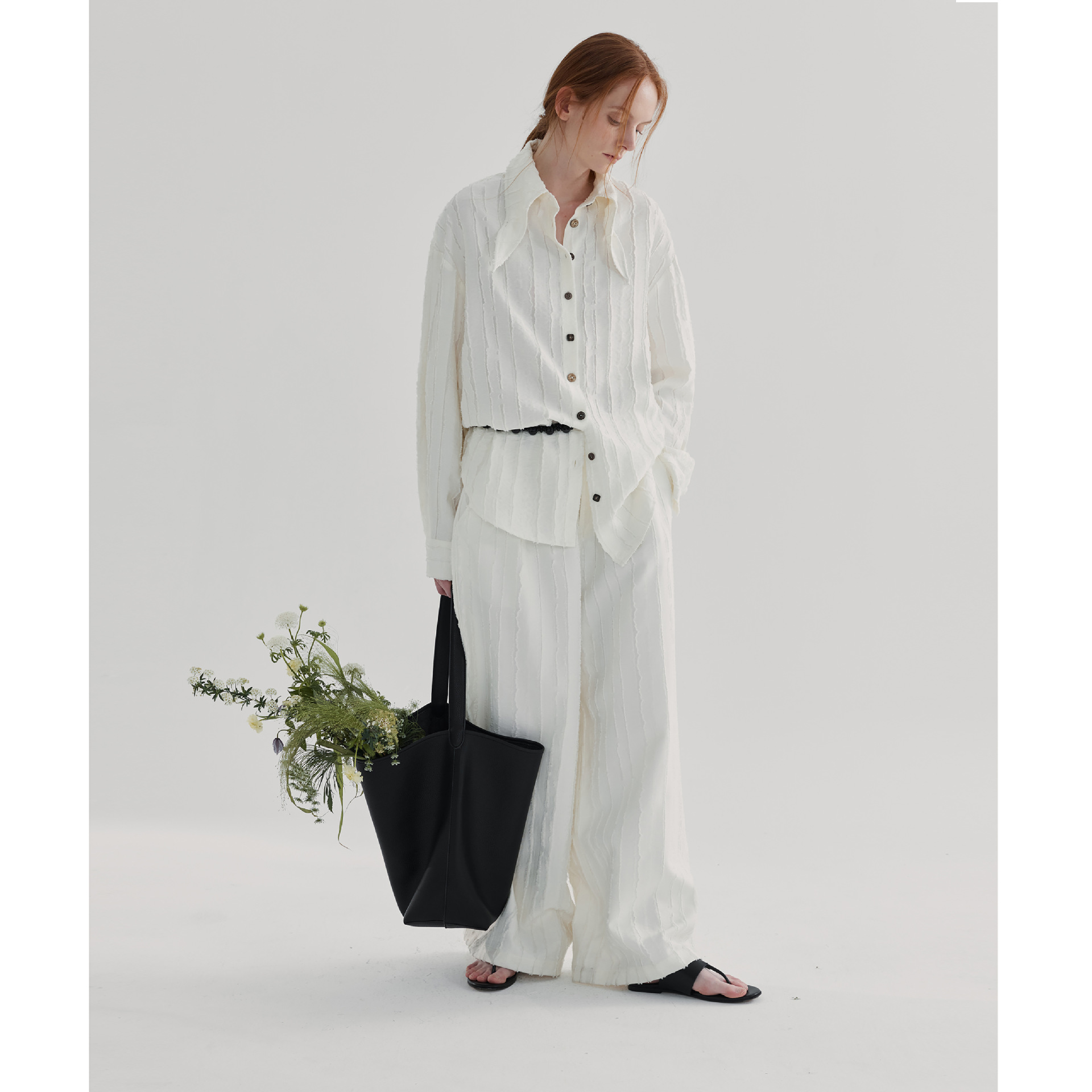 Textile Song甜颂通勤气质肌理感条纹衬衫女小众白色长袖衬衣上衣