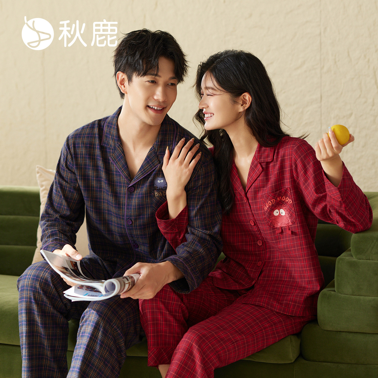 秋鹿情侣睡衣纯棉2026春夏新款柔软梭织色织格长袖男女家居服套装