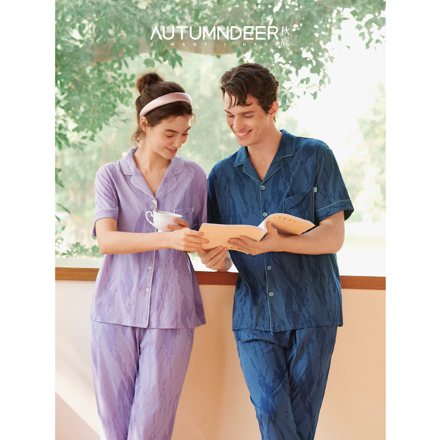 秋鹿纯棉情侣睡衣10A抗菌翻领撞色短袖长裤2026新款男女士家居服
