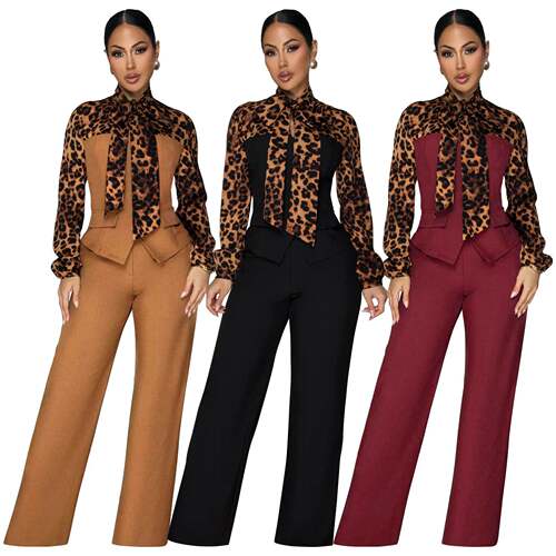 Women'S 2 Pieces Outfit Leopard Print Spliced Tie Neck Long