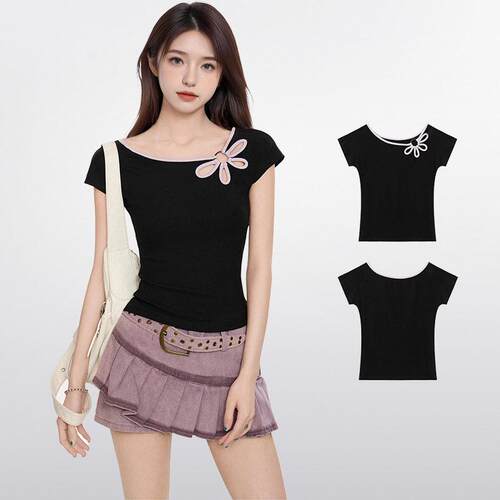 Womens Tops Summer Short Sleeve Crew Neck Slim Fitted Blouse