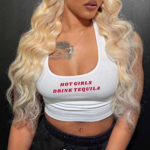 Women'S Letter Print Round Neck Tank Top Casual Sleeveless
