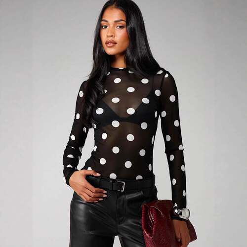 Women'S Polka Dots Bell Sleeve Crop Tee Top Fit Going Out T