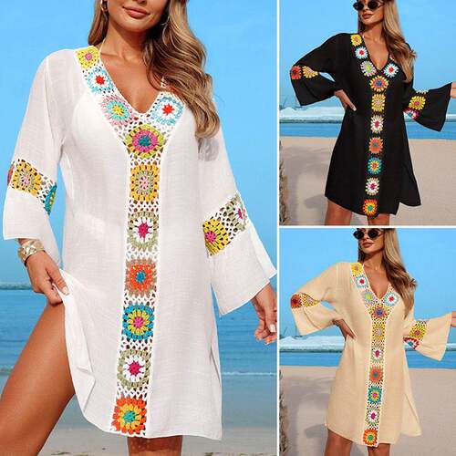 Women'S Patchwork Floral Beach Dress Casual Loose-Fit Woven