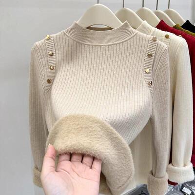 2026 Spring Women'S High Neck Knit Sweater Fleece Lined