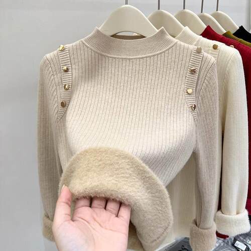 2026 Spring Women'S High Neck Knit Sweater Fleece Lined