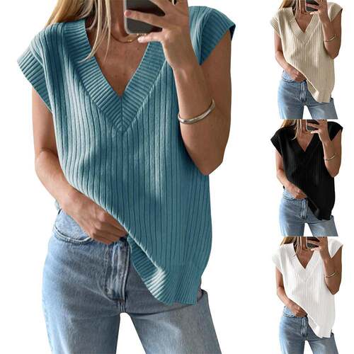 Womens V Neck Sweater Vest Oversized Ribbed Knit Sleeveless