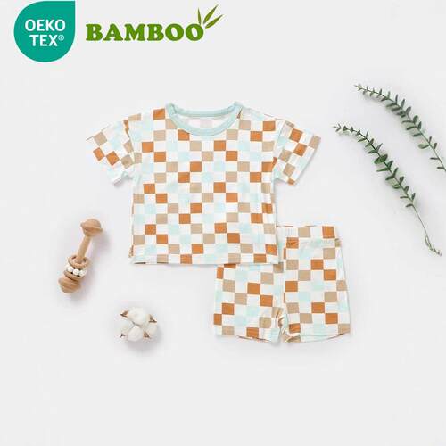 Toddler Boy Two Piece Swimsuit Checkered Short Sleeve Top
