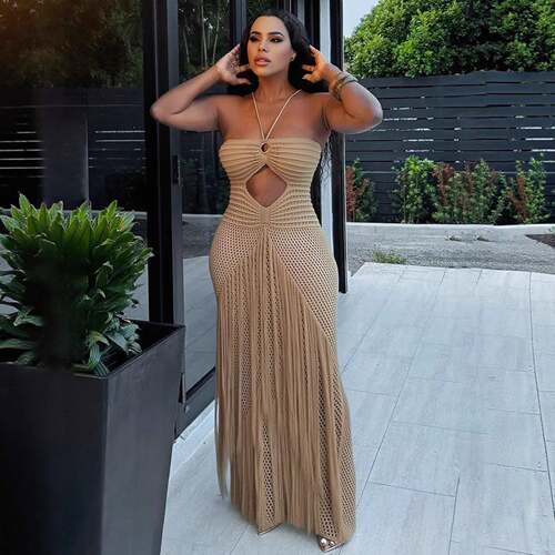Women’S Crochet Knit Maxi Dress With Fringe Sexy See Throug