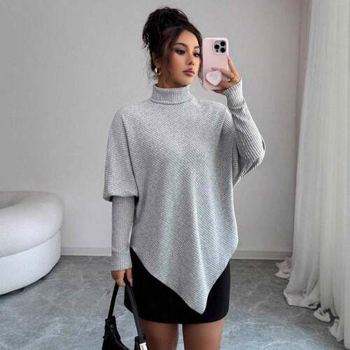 Elegant Asymmetrical Batwing Sleeve Top High Neck Faux Knit