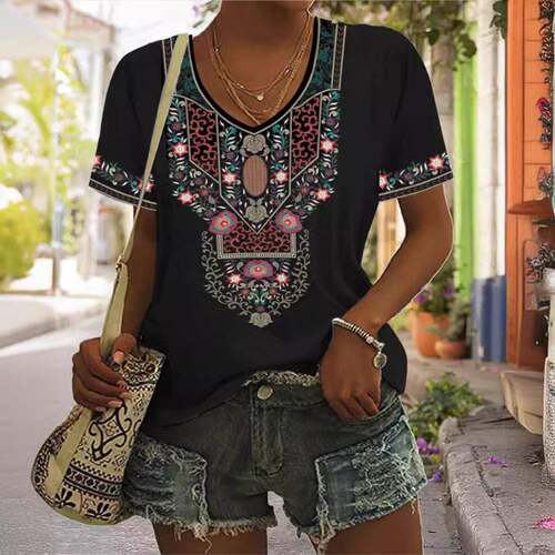 Women Fashion V-Neck Half Sleeves Oversized T Shirt Solid