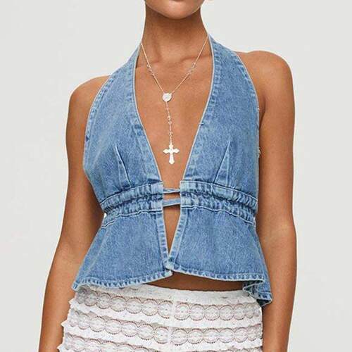Women Halter Top Tie-Up Sleeveless Tops Backless Solid