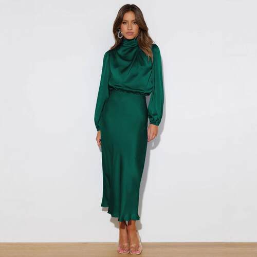 Womens Mock Neck Satin Dress 2026 Summer Spring Long Sleeve
