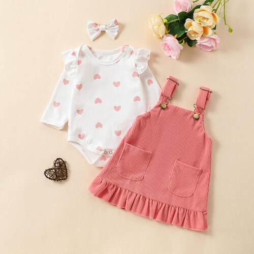 Baby Girls 3Piece Outfits Heart Print Romper + Suspender