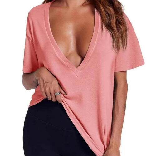 Womens Sexy Deep V Neck T Shirts Summer Short Sleeve Tops
