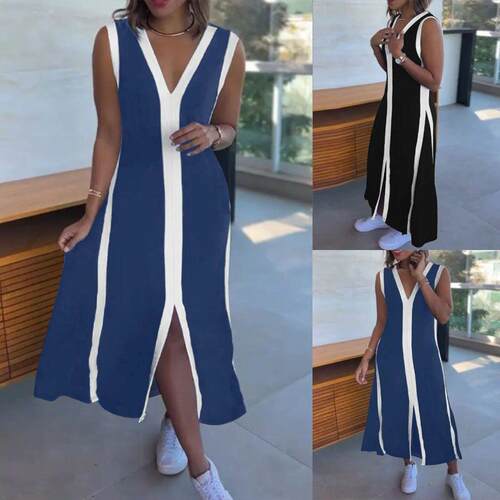 Women'S Striped Sleeveless Plunge Neckline Midi Dress With