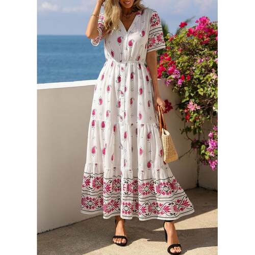 Women'S Summer Maxi Dress Trendy Short Sleeve V Neck Flowy