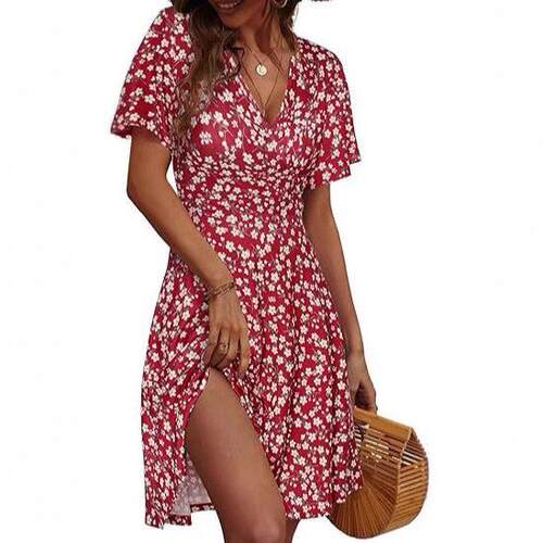 Women'S All Over Floral Print Deep V Neck A Line Dress
