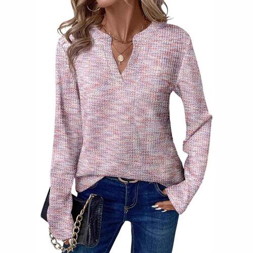 Womens Waffle Knit Tops V Neck Long Sleeve Shirts Henley