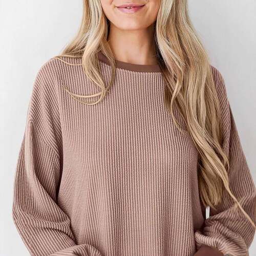 Women'S Long Sleeve Fashion Casual Loose Round Neck Ribbed