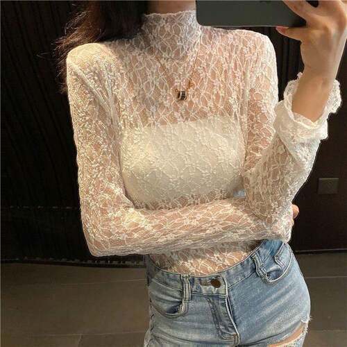 Elegant Women'S Sheer Lace Blouse With Lantern Sleeves