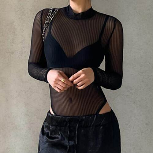 Sexy Backless Mesh Long Sleeve Jumpsuit Sheer Bodycon Romper