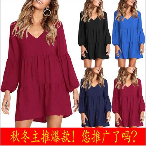 Womens Long Sleeve Dress 2025 Fall Casual V Neck Tiered