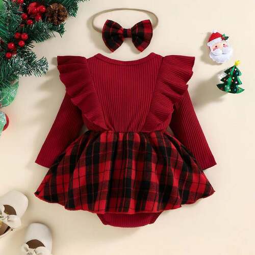 Infant Baby Girls Romper Dress Plaid Round Neck Ruffles Long