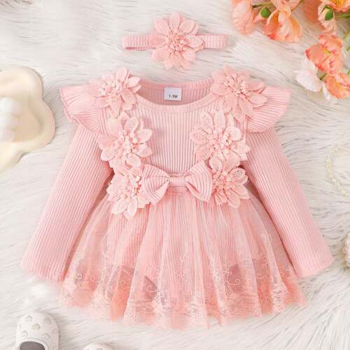 Autumn Baby Girls Outfit 3D Flower Bow Long Sleeve Mesh