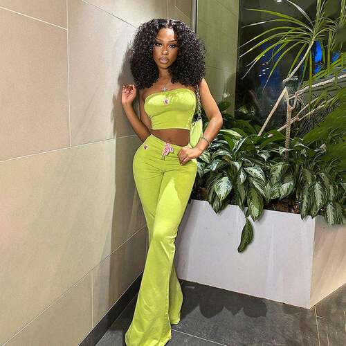 Flower Embossed Flare Pant And Tube Top Set Womenswear
