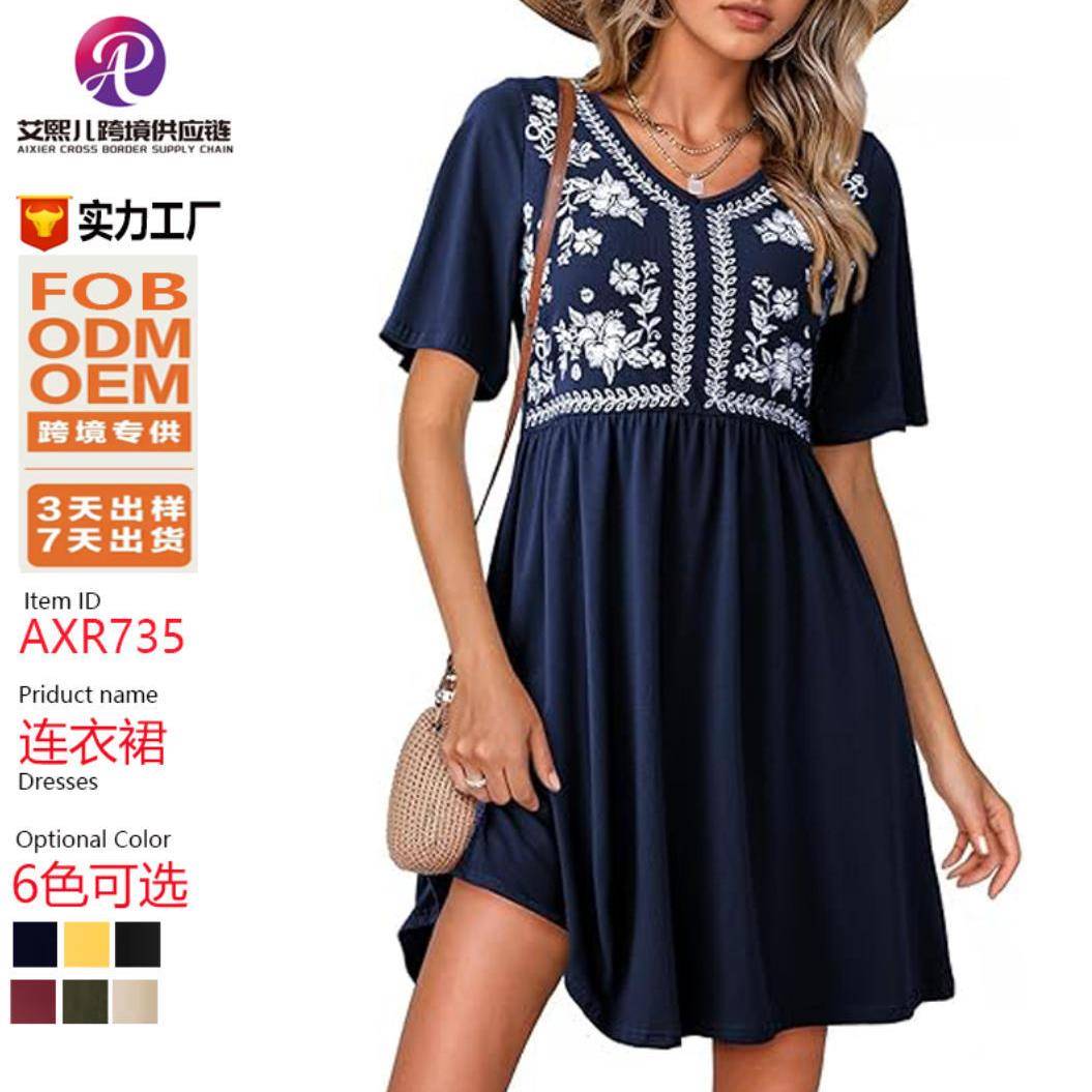 Womens Dresses Summer Casual V Neck Floral Short Sleeve图片
