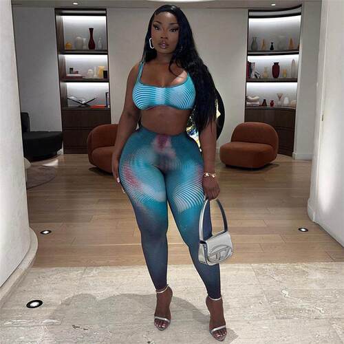 Cute Printed Skinny Vest Top Pants Set Womenswear Comfort