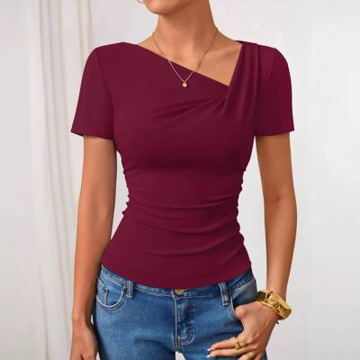 Women'S Summer Asymmetrical Tops Trendy Ribbed Short Sleeve