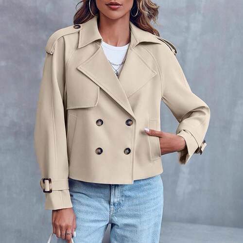 Women Short Double Breasted Trench Coat Raglan Sleeve Work